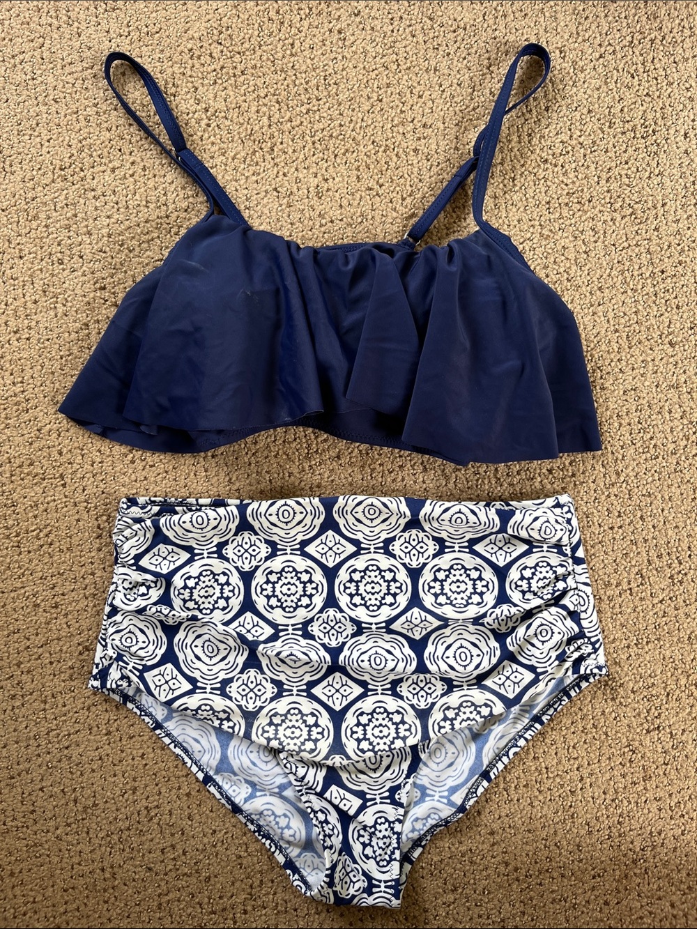 Navy Ruffle Bikini Set with Printed High-Waist Bottoms